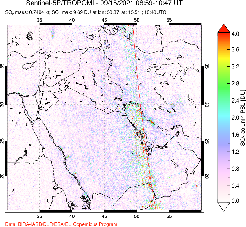 A sulfur dioxide image over Middle East on Sep 15, 2021.