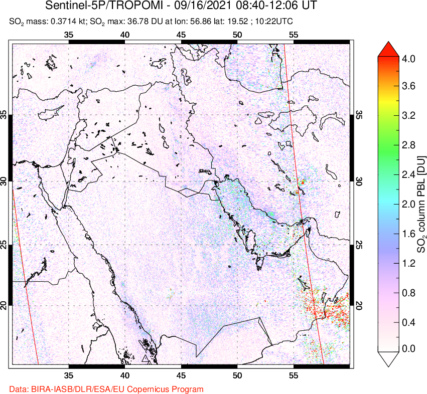 A sulfur dioxide image over Middle East on Sep 16, 2021.