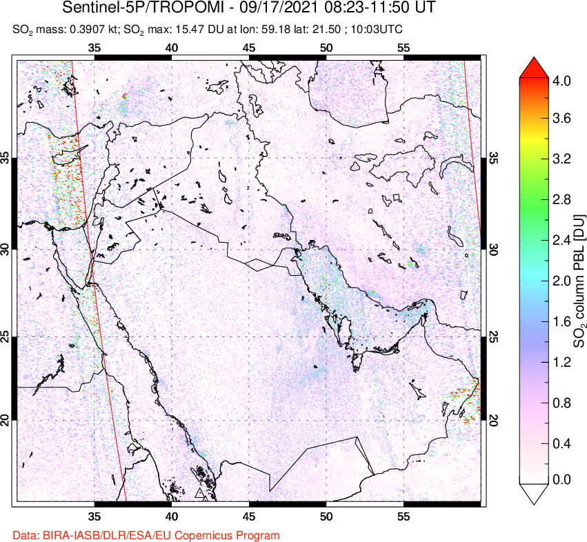 A sulfur dioxide image over Middle East on Sep 17, 2021.