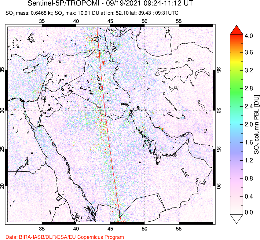 A sulfur dioxide image over Middle East on Sep 19, 2021.