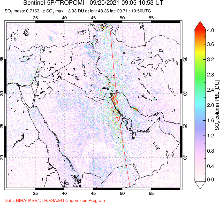 A sulfur dioxide image over Middle East on Sep 20, 2021.