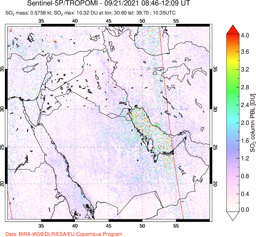 A sulfur dioxide image over Middle East on Sep 21, 2021.