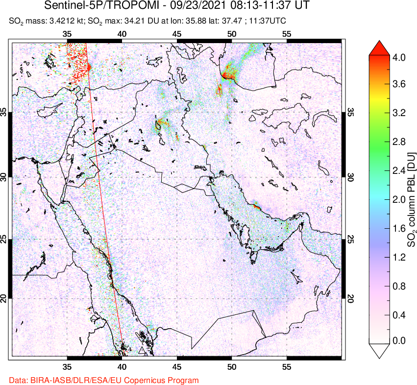 A sulfur dioxide image over Middle East on Sep 23, 2021.