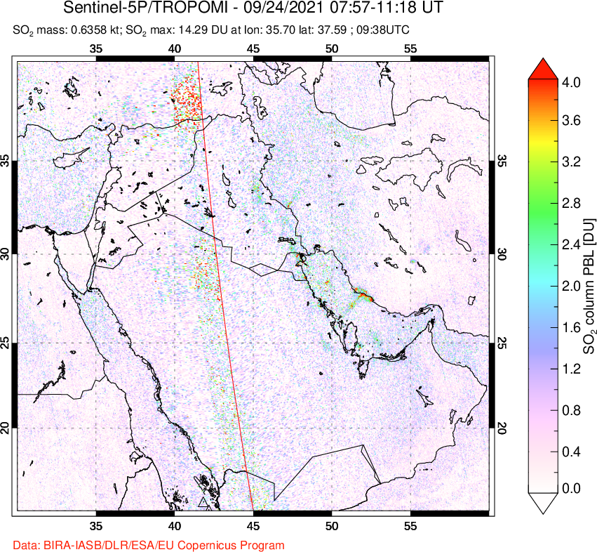 A sulfur dioxide image over Middle East on Sep 24, 2021.