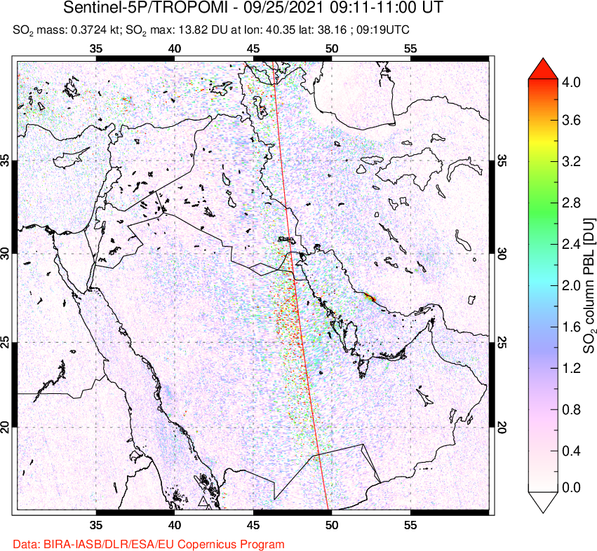 A sulfur dioxide image over Middle East on Sep 25, 2021.