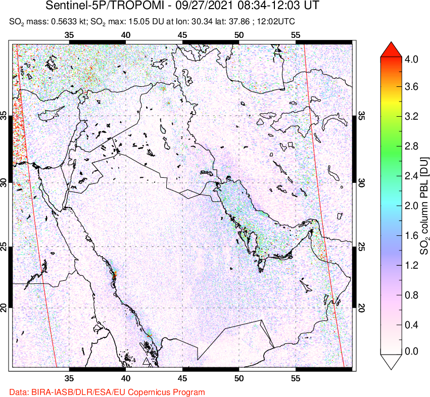 A sulfur dioxide image over Middle East on Sep 27, 2021.