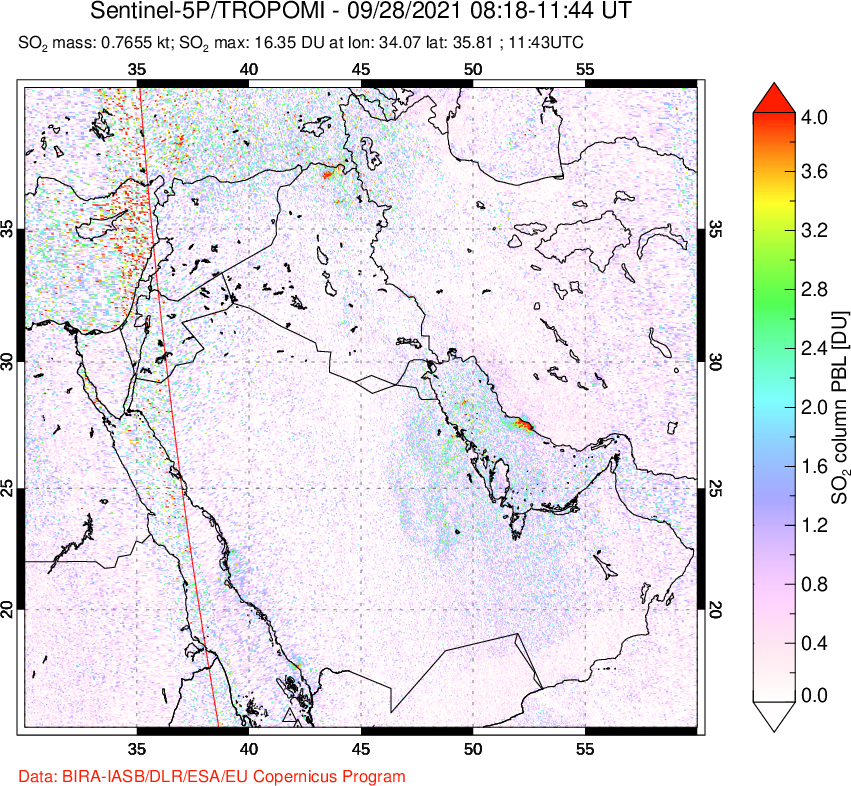 A sulfur dioxide image over Middle East on Sep 28, 2021.