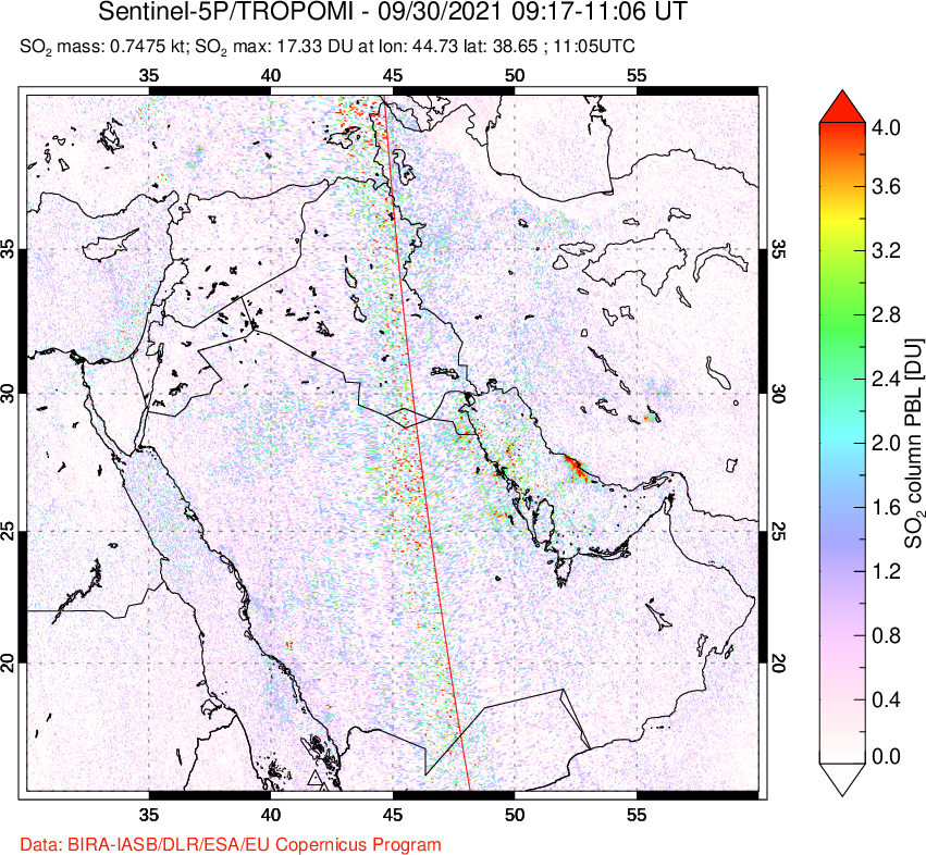 A sulfur dioxide image over Middle East on Sep 30, 2021.