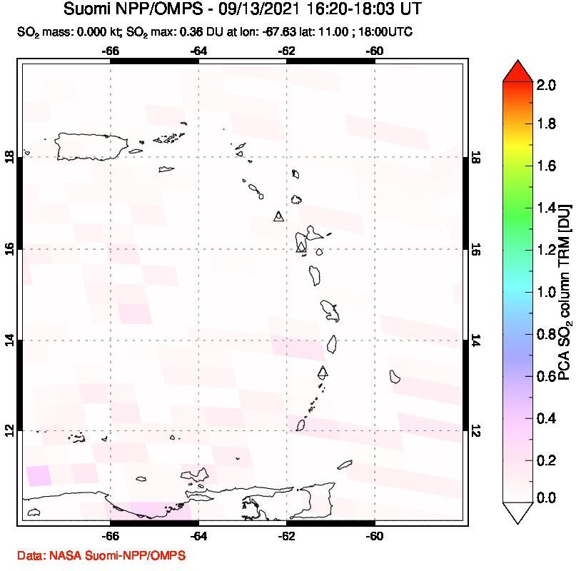 A sulfur dioxide image over Montserrat, West Indies on Sep 13, 2021.