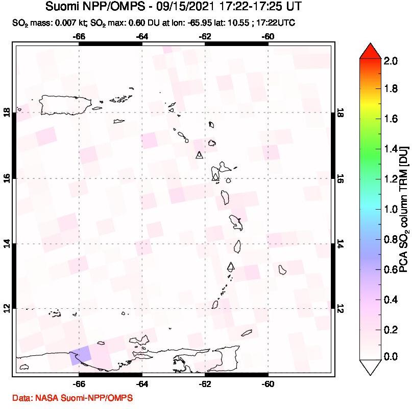 A sulfur dioxide image over Montserrat, West Indies on Sep 15, 2021.