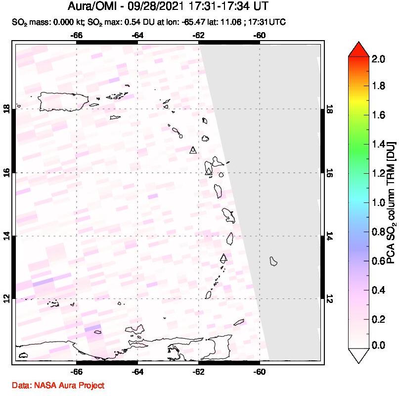 A sulfur dioxide image over Montserrat, West Indies on Sep 28, 2021.