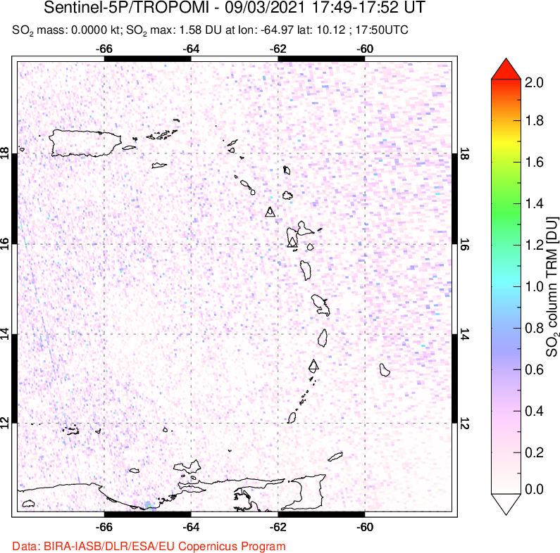 A sulfur dioxide image over Montserrat, West Indies on Sep 03, 2021.