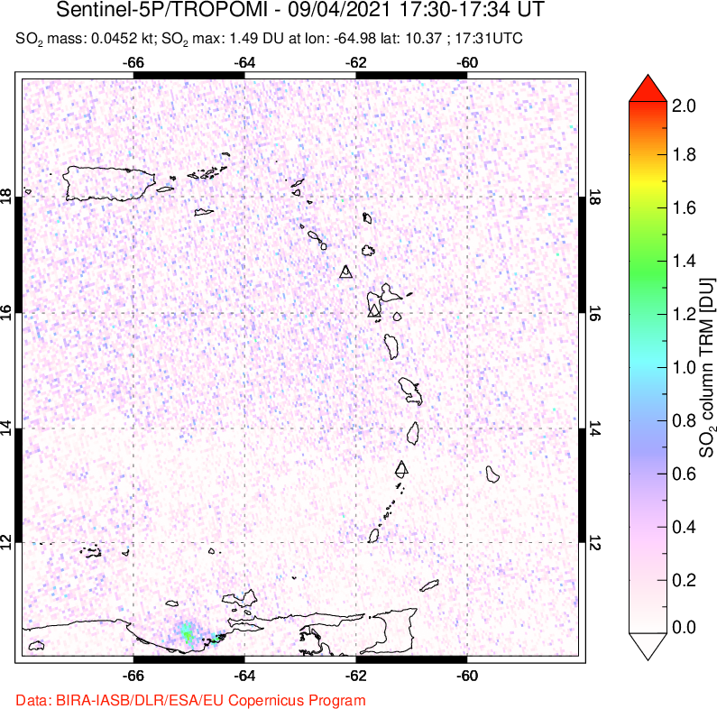 A sulfur dioxide image over Montserrat, West Indies on Sep 04, 2021.