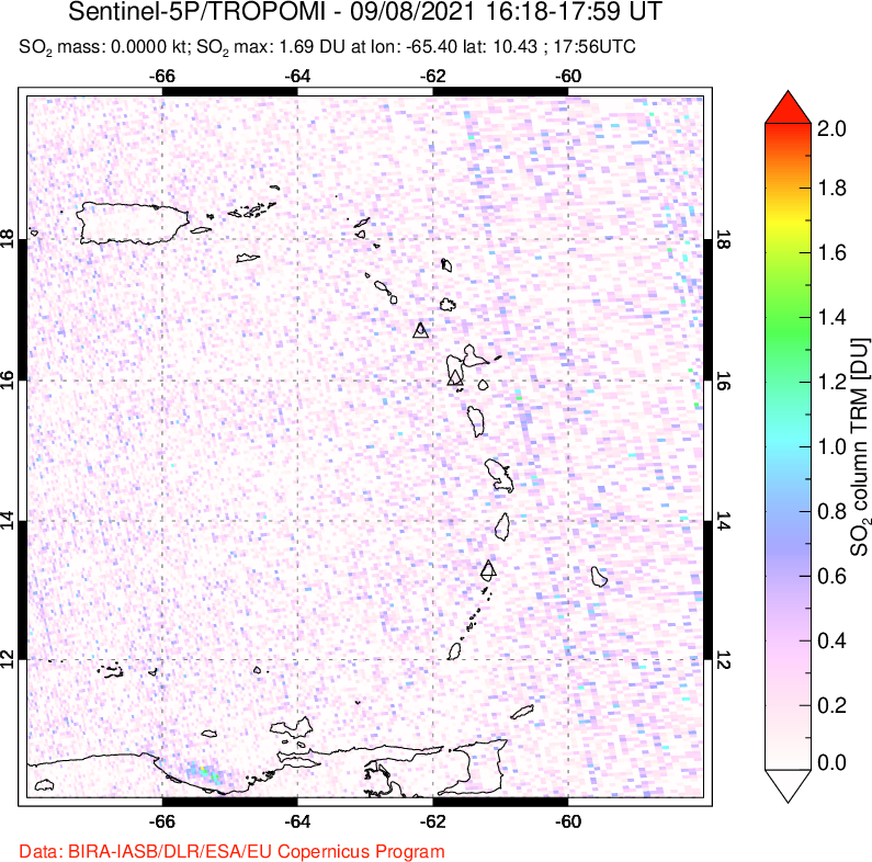 A sulfur dioxide image over Montserrat, West Indies on Sep 08, 2021.