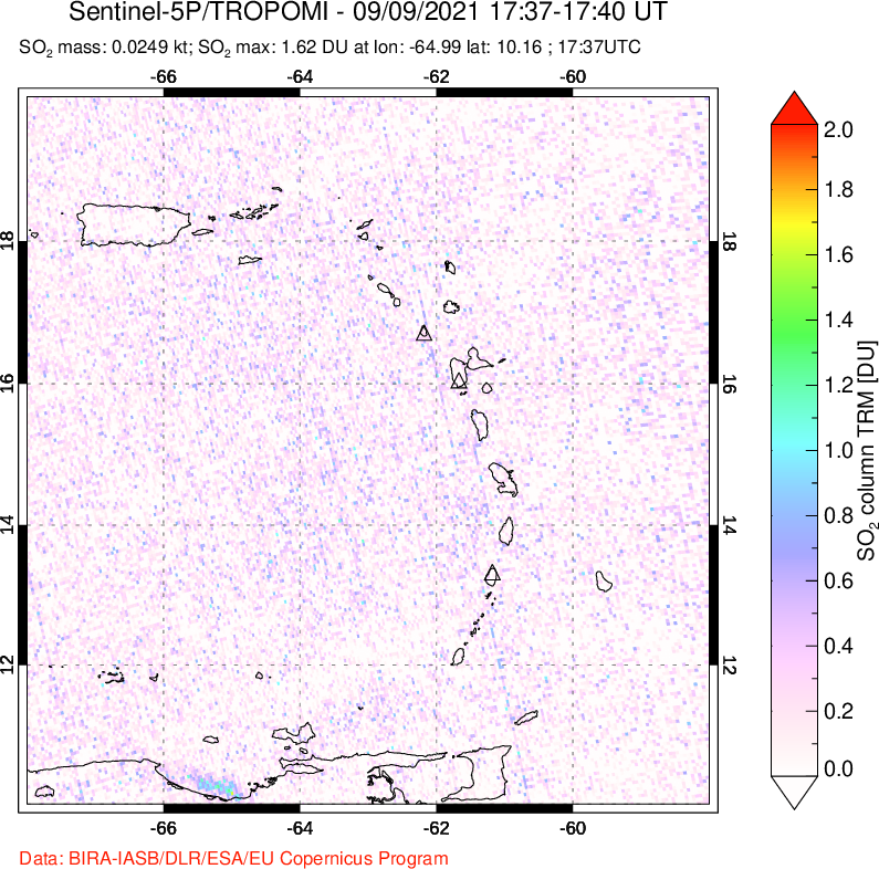 A sulfur dioxide image over Montserrat, West Indies on Sep 09, 2021.