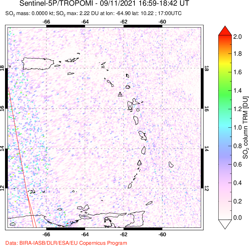 A sulfur dioxide image over Montserrat, West Indies on Sep 11, 2021.