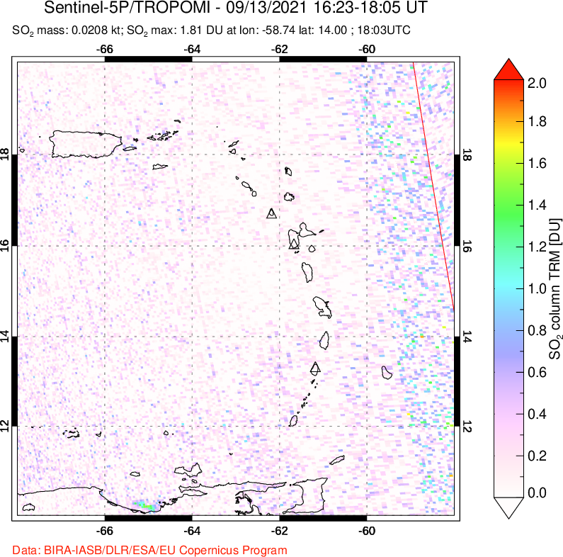 A sulfur dioxide image over Montserrat, West Indies on Sep 13, 2021.