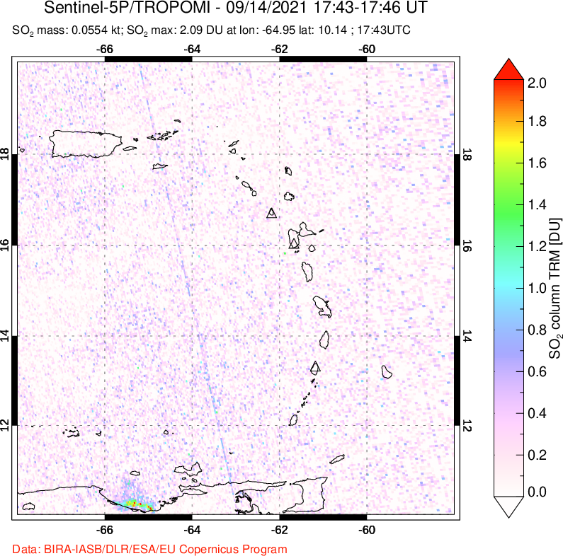 A sulfur dioxide image over Montserrat, West Indies on Sep 14, 2021.