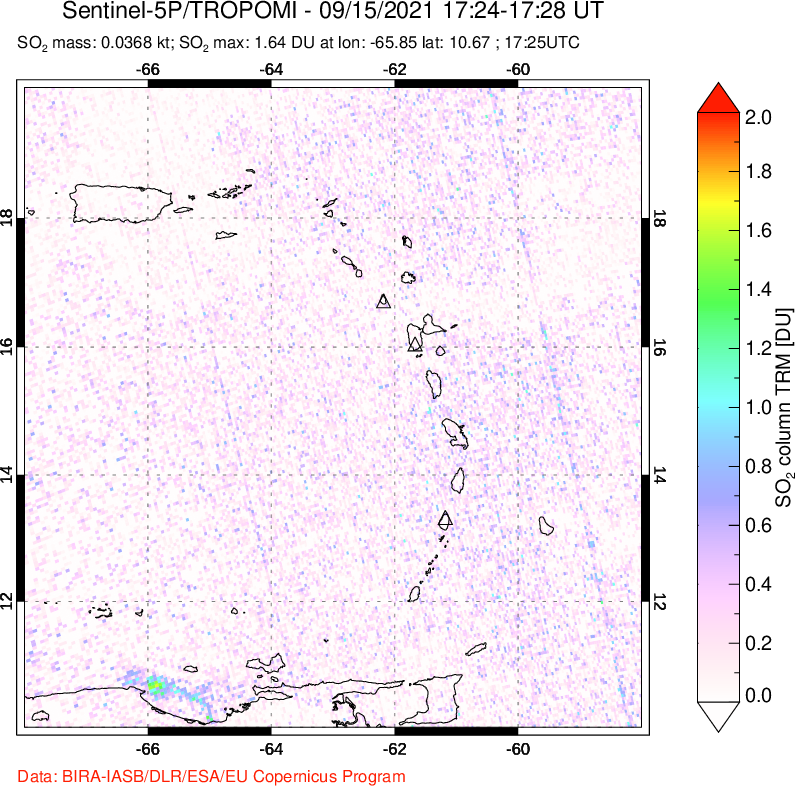 A sulfur dioxide image over Montserrat, West Indies on Sep 15, 2021.