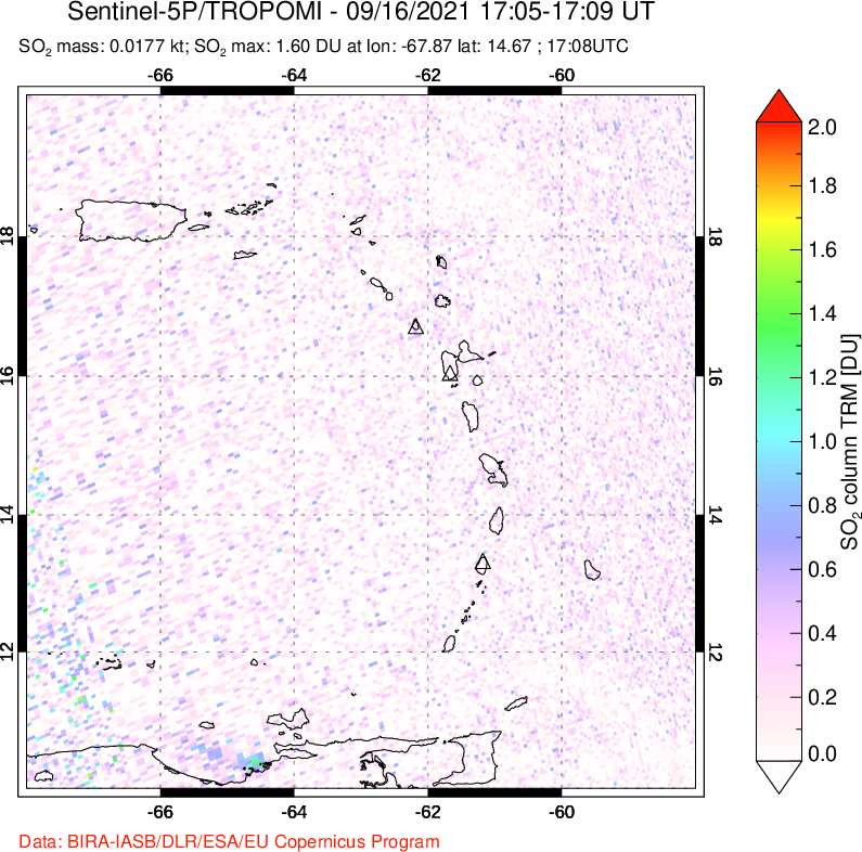 A sulfur dioxide image over Montserrat, West Indies on Sep 16, 2021.