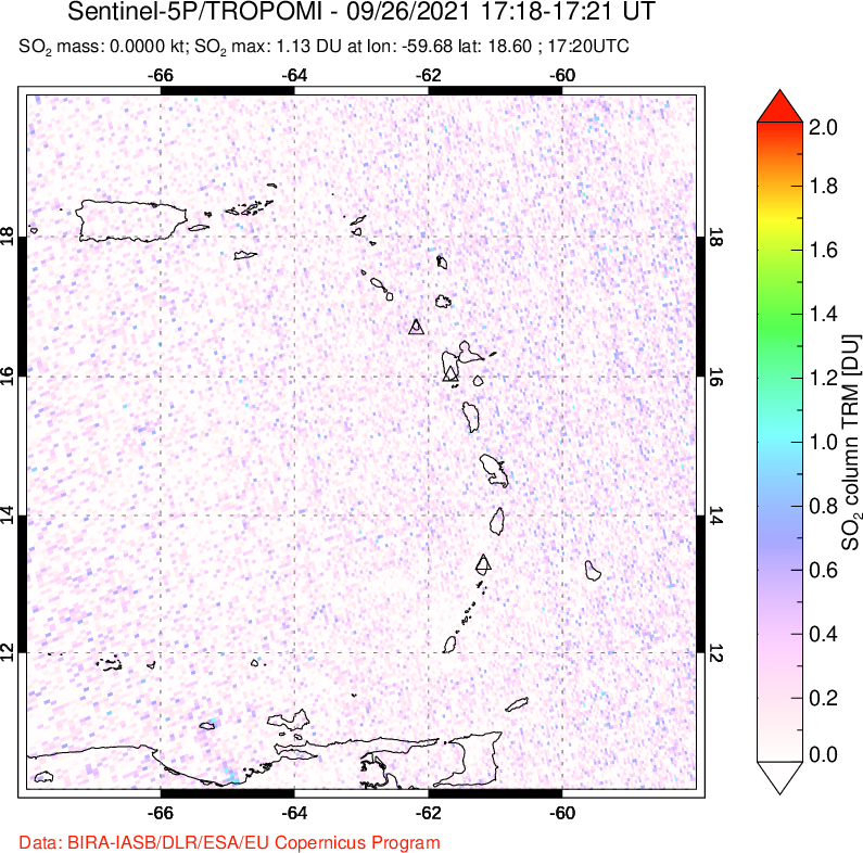 A sulfur dioxide image over Montserrat, West Indies on Sep 26, 2021.