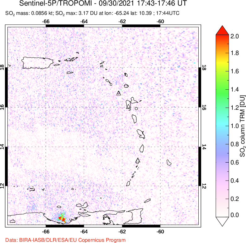 A sulfur dioxide image over Montserrat, West Indies on Sep 30, 2021.