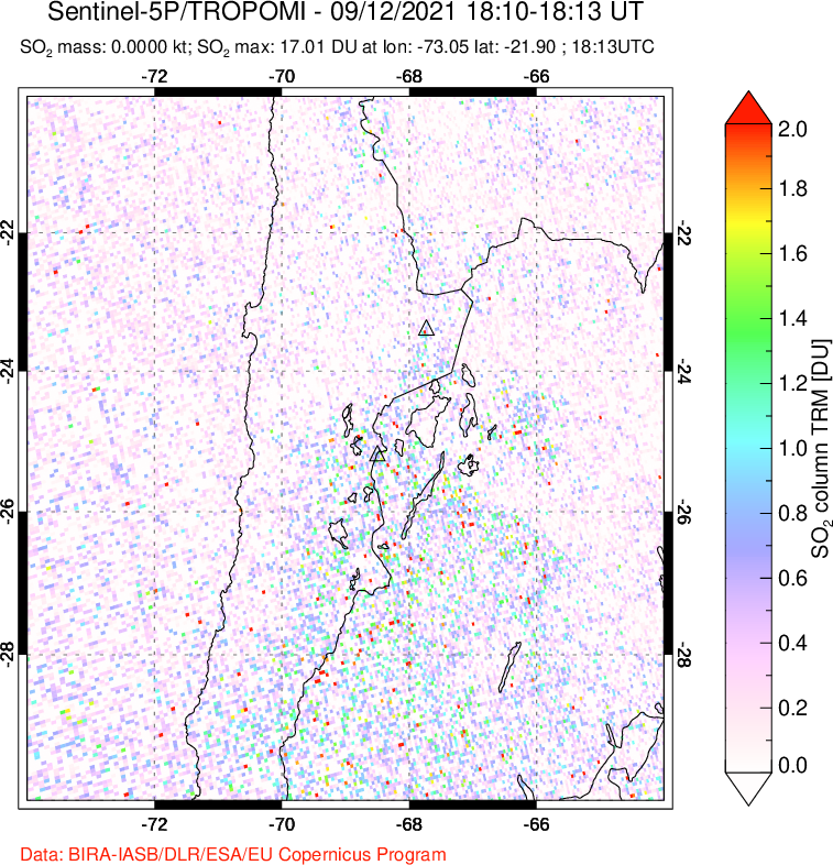 A sulfur dioxide image over Northern Chile on Sep 12, 2021.