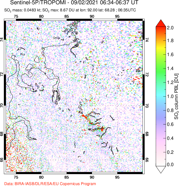 A sulfur dioxide image over Norilsk, Russian Federation on Sep 02, 2021.