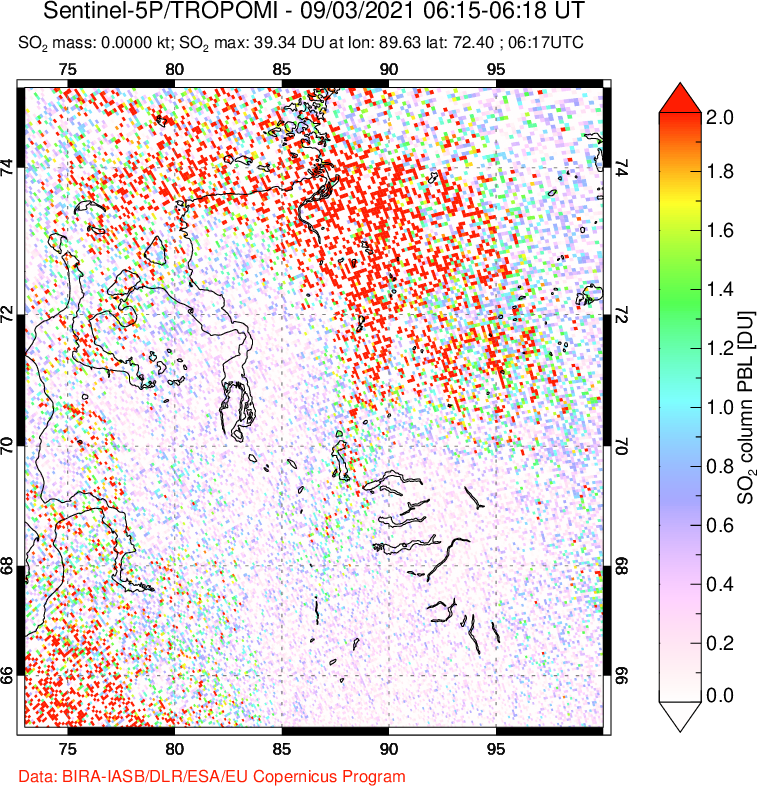 A sulfur dioxide image over Norilsk, Russian Federation on Sep 03, 2021.
