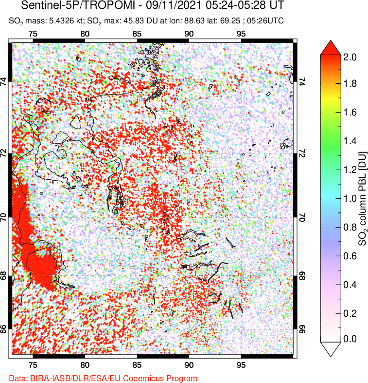 A sulfur dioxide image over Norilsk, Russian Federation on Sep 11, 2021.