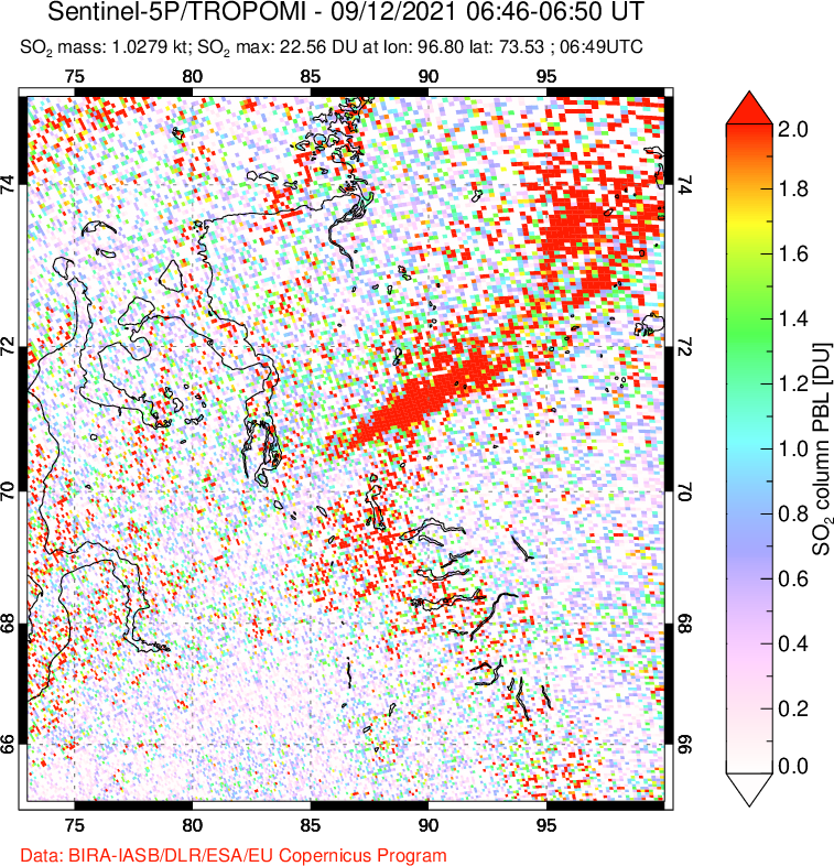 A sulfur dioxide image over Norilsk, Russian Federation on Sep 12, 2021.