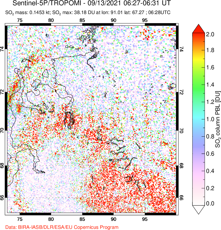 A sulfur dioxide image over Norilsk, Russian Federation on Sep 13, 2021.