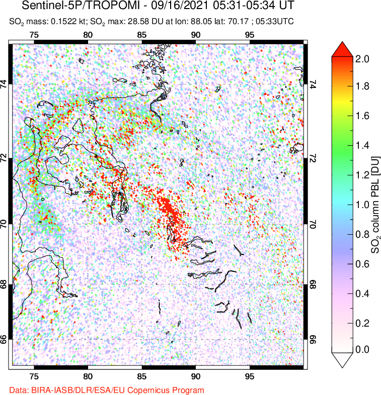 A sulfur dioxide image over Norilsk, Russian Federation on Sep 16, 2021.