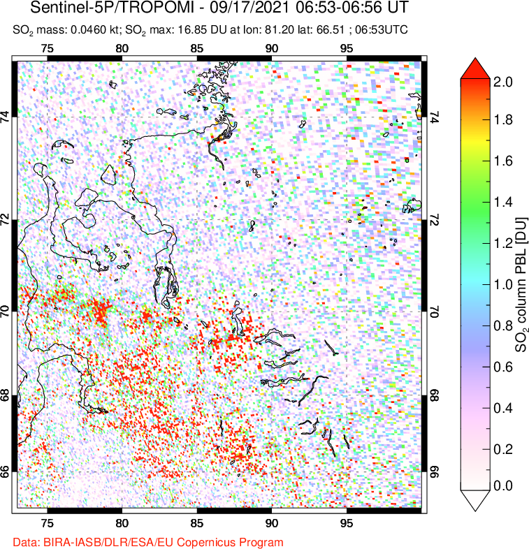 A sulfur dioxide image over Norilsk, Russian Federation on Sep 17, 2021.