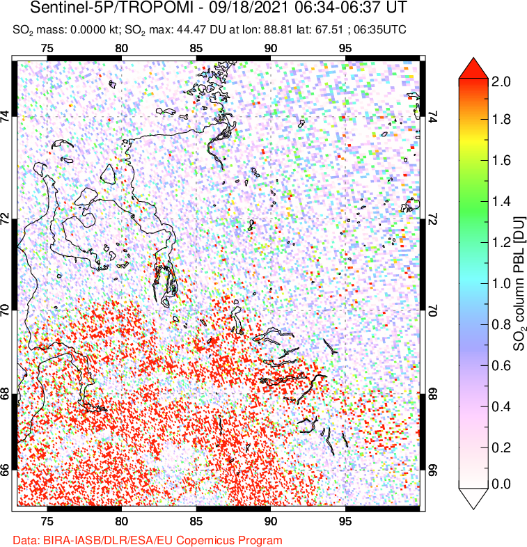 A sulfur dioxide image over Norilsk, Russian Federation on Sep 18, 2021.