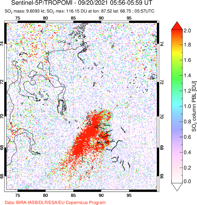 A sulfur dioxide image over Norilsk, Russian Federation on Sep 20, 2021.