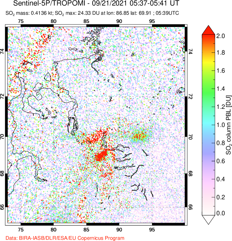 A sulfur dioxide image over Norilsk, Russian Federation on Sep 21, 2021.