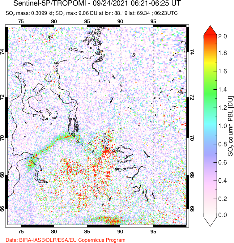 A sulfur dioxide image over Norilsk, Russian Federation on Sep 24, 2021.