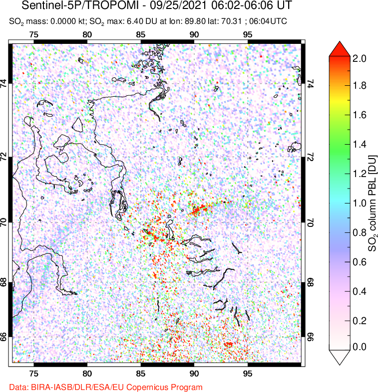 A sulfur dioxide image over Norilsk, Russian Federation on Sep 25, 2021.