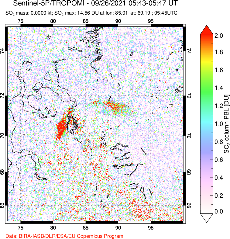 A sulfur dioxide image over Norilsk, Russian Federation on Sep 26, 2021.