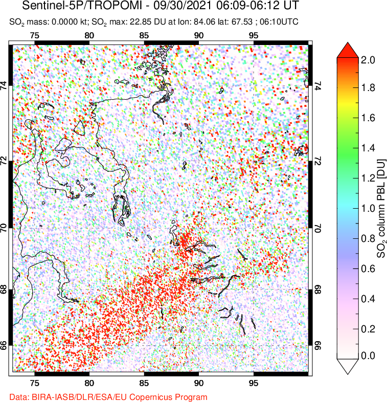A sulfur dioxide image over Norilsk, Russian Federation on Sep 30, 2021.