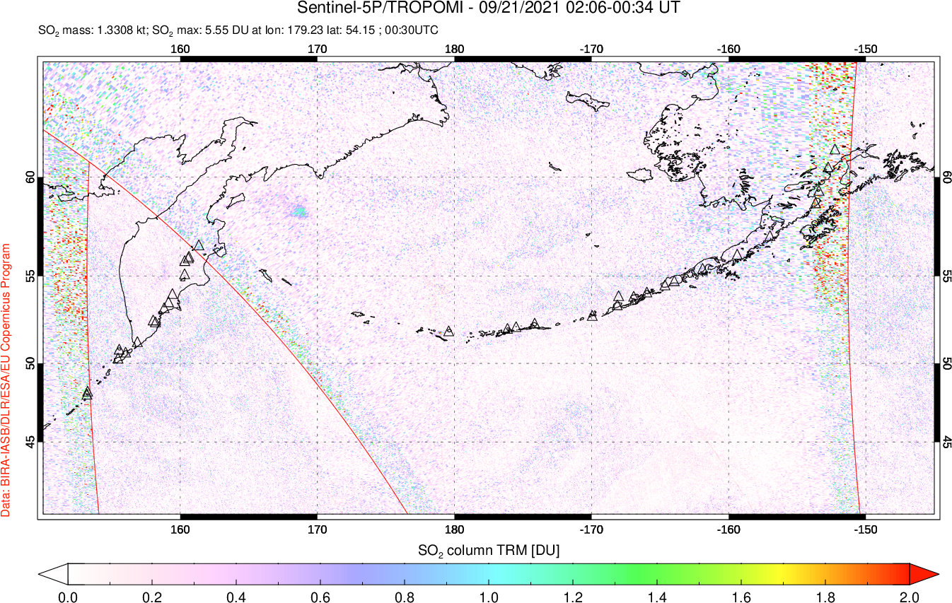 A sulfur dioxide image over North Pacific on Sep 21, 2021.