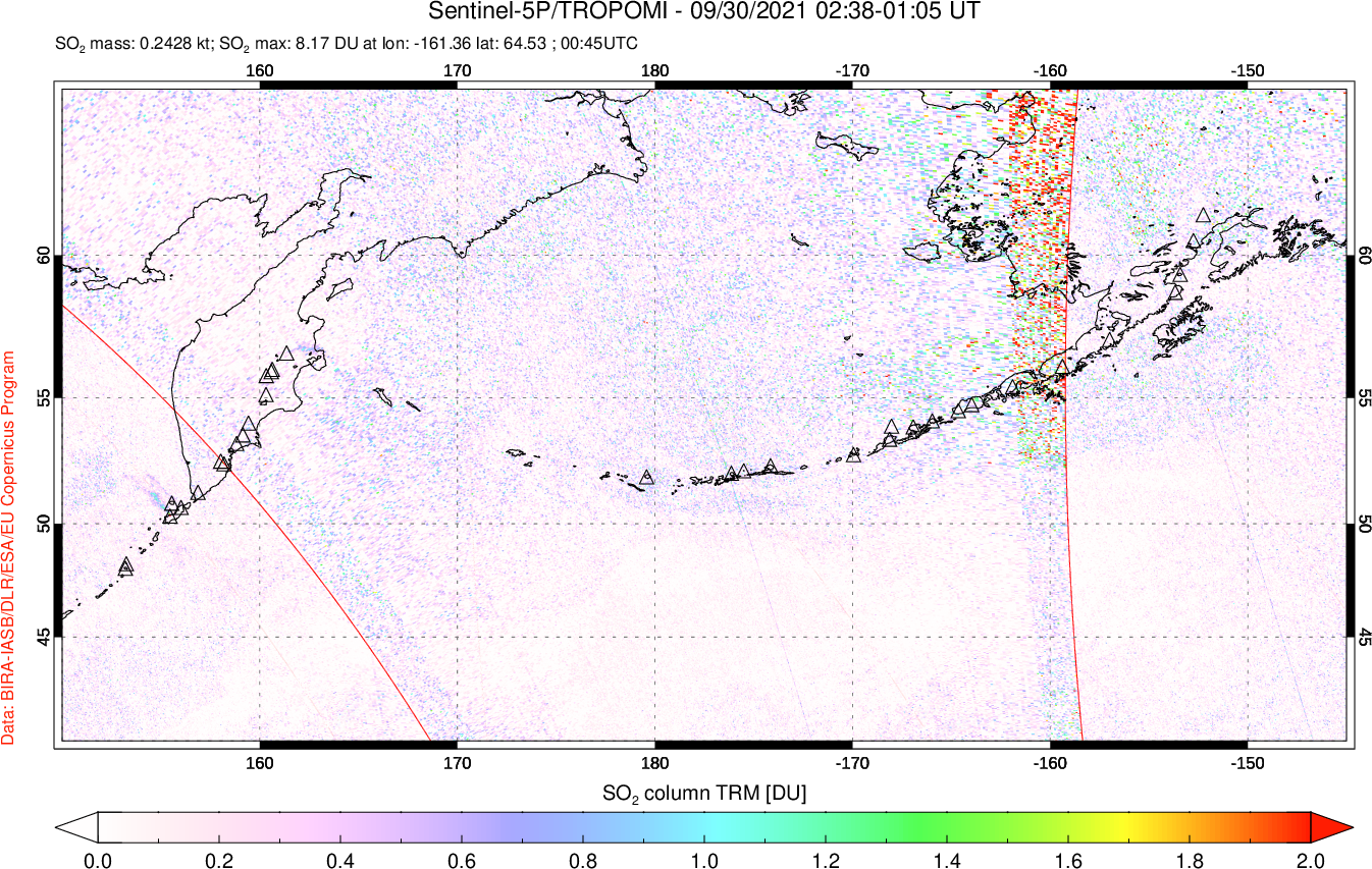 A sulfur dioxide image over North Pacific on Sep 30, 2021.