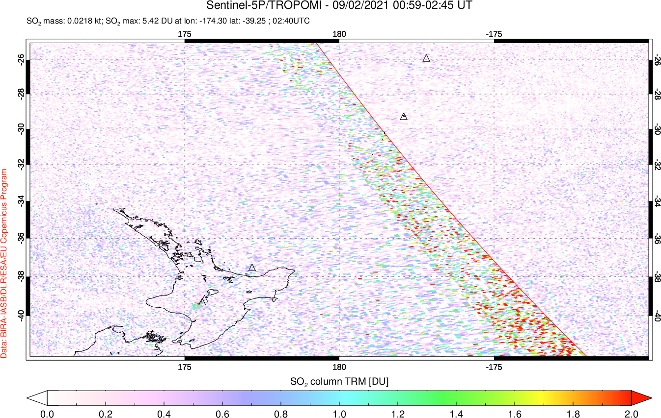 A sulfur dioxide image over New Zealand on Sep 02, 2021.