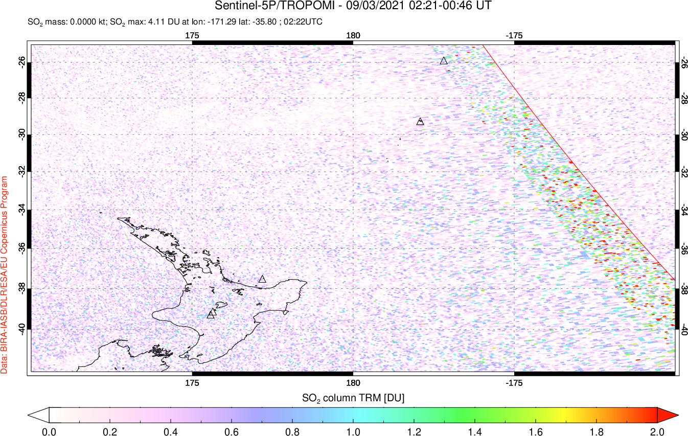 A sulfur dioxide image over New Zealand on Sep 03, 2021.