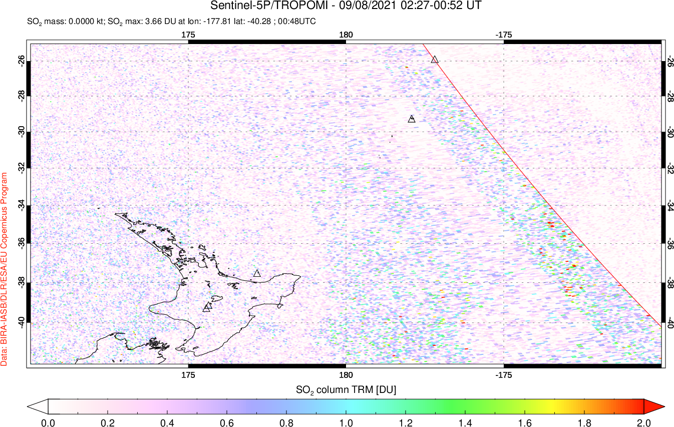 A sulfur dioxide image over New Zealand on Sep 08, 2021.
