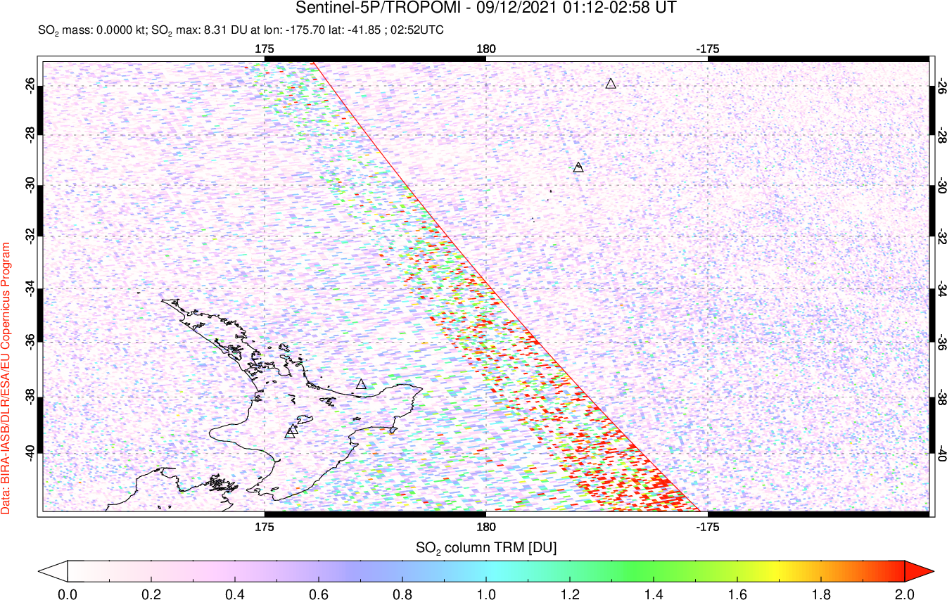 A sulfur dioxide image over New Zealand on Sep 12, 2021.