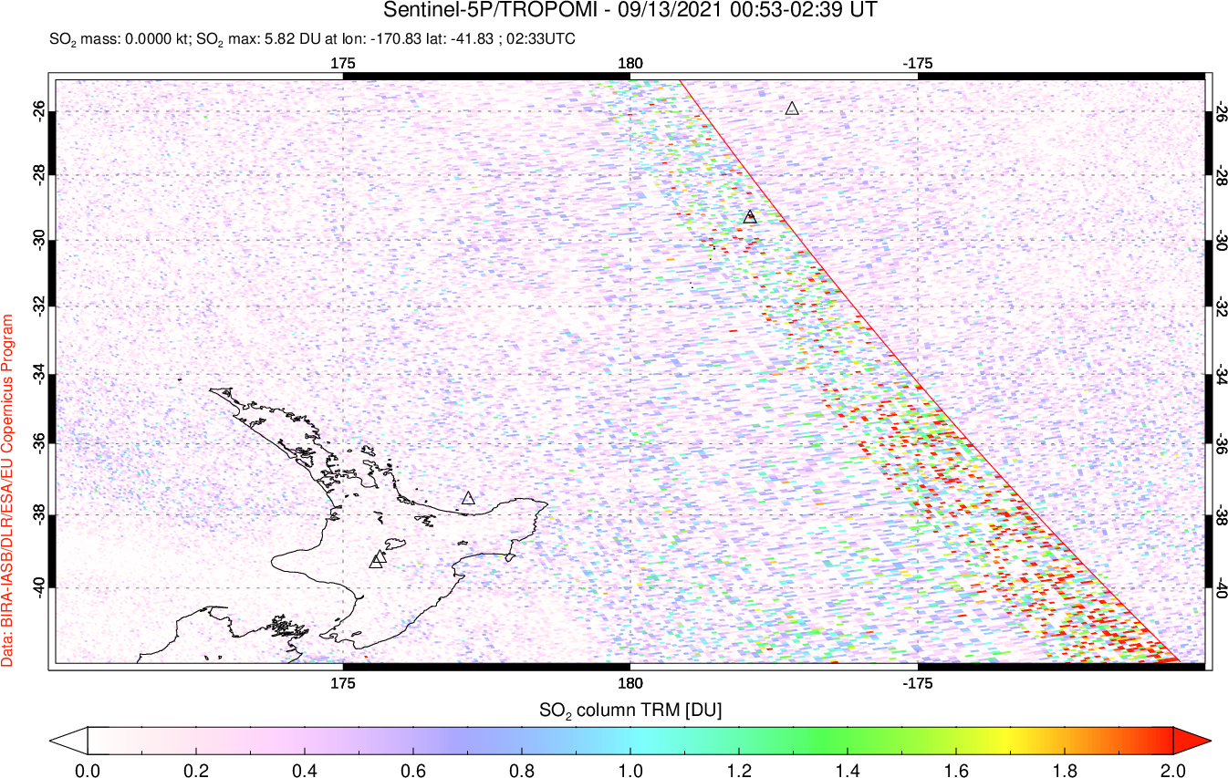 A sulfur dioxide image over New Zealand on Sep 13, 2021.