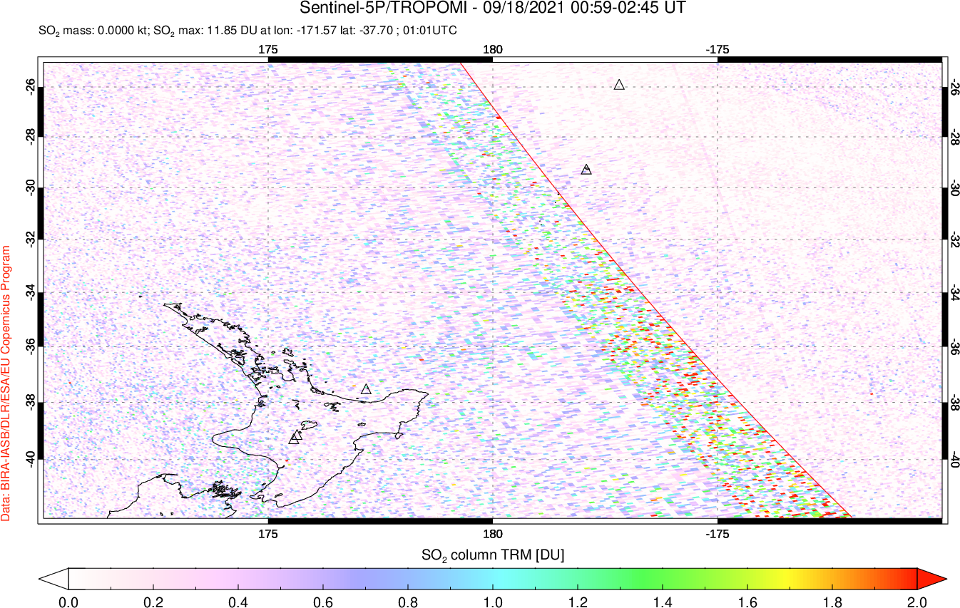 A sulfur dioxide image over New Zealand on Sep 18, 2021.