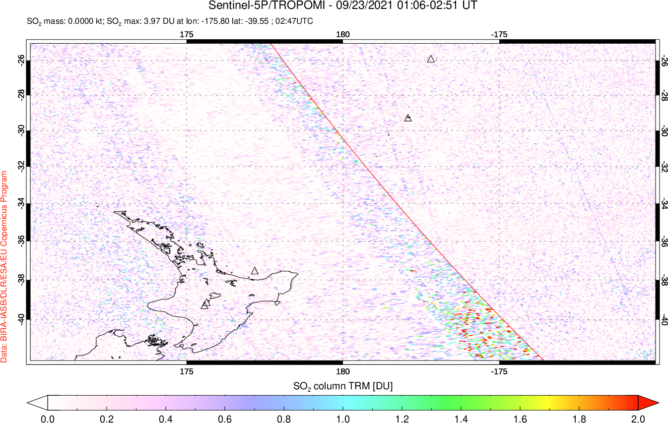 A sulfur dioxide image over New Zealand on Sep 23, 2021.